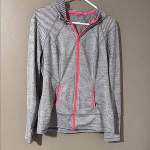 Lukka Black and White Striped Hoodie with Pink Accents